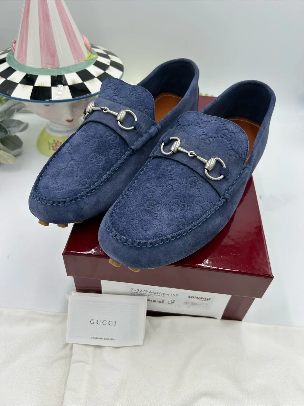 Men's Gucci blue suede GG embossed driver loafers size 12 fits 12.5 US - Picture 9 of 9